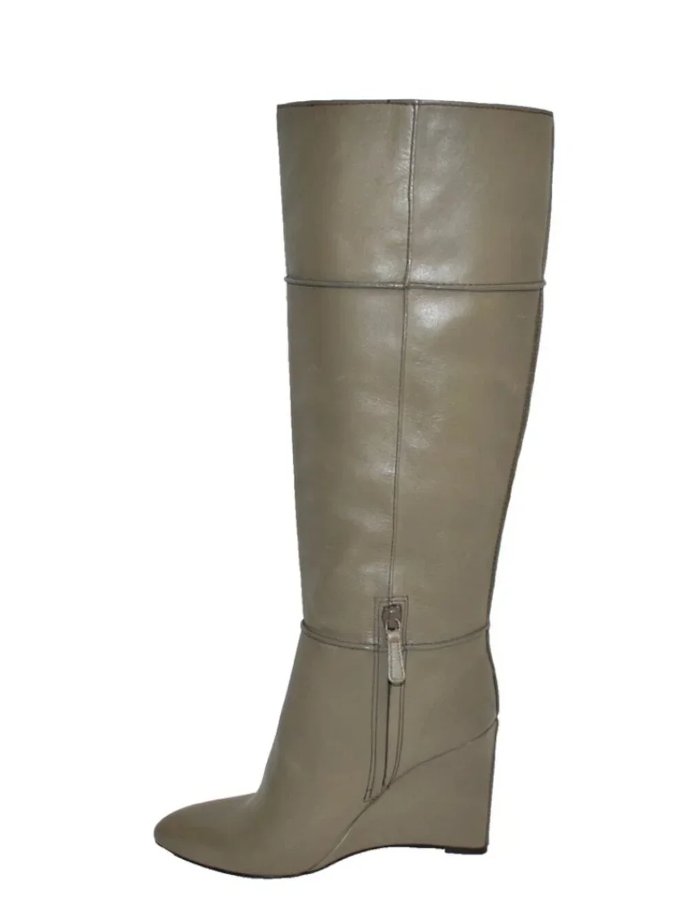 New Tory Burch Linnett Wedge Knee High Boot Taupe Tan Leather Sz 7 Z